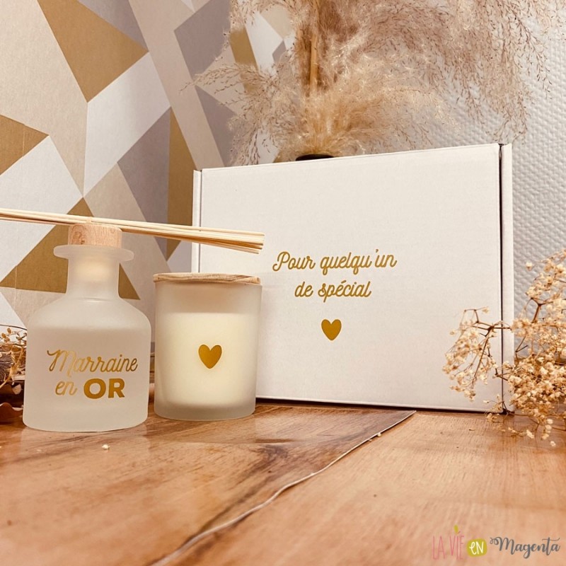 Cadeau grand-mère Coffret luxe bougie diffuseur parfum mamy en or